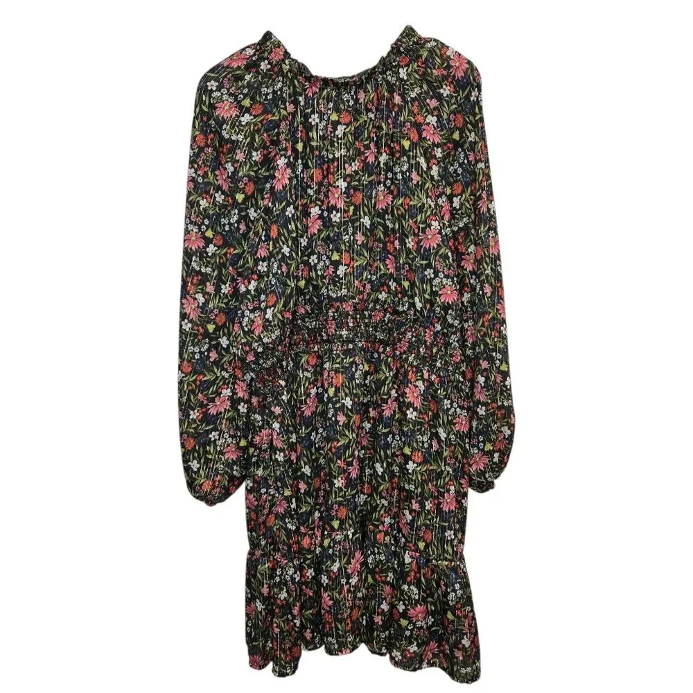 Old Navy Black Floral Gold Stripe Waist Defined Dress - Picture 3 of 5